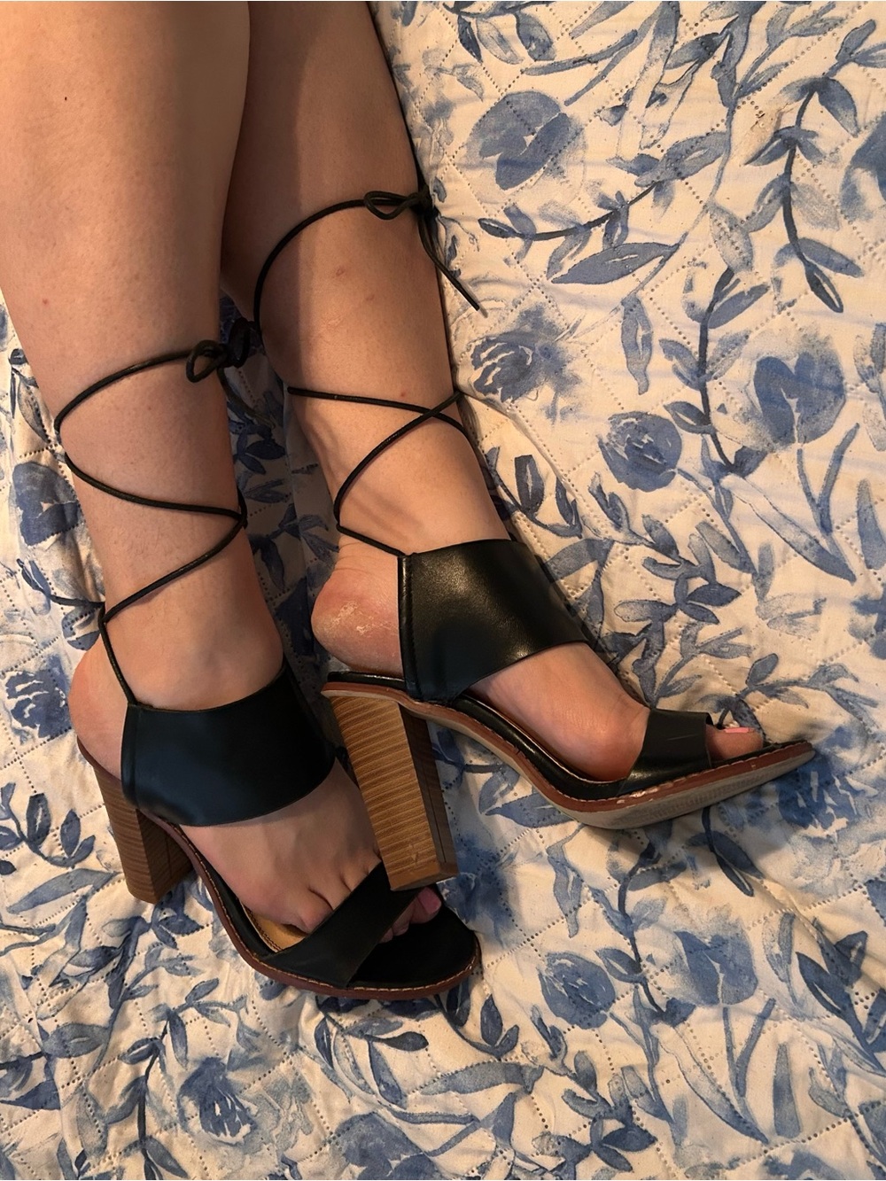Liliana Black Lace-Up Block Heel Sandals with Wood-Effect Heel